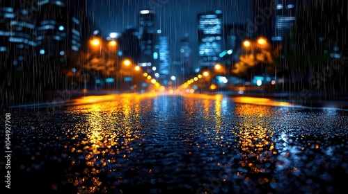 City street illuminated by rain at night.