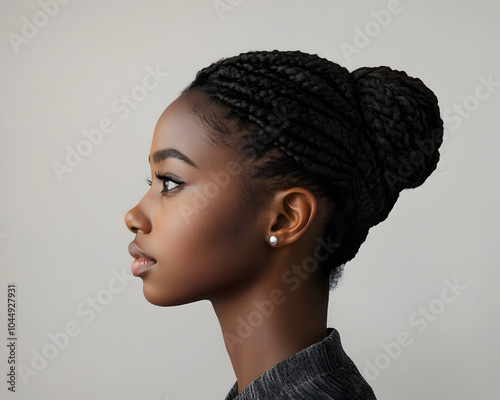 Profile portrait of a young African woman. Beautiful African girl looks to the future with hope.