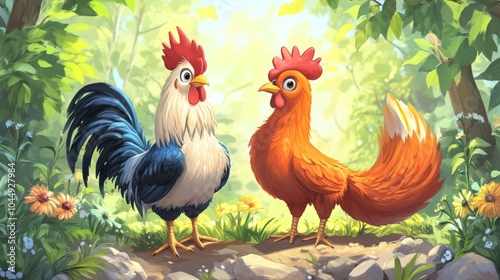 A cute cartoon picture of a rooster and a fox, perfect for illustrating Aesop's fable. This picture would be great for a children's storybook.