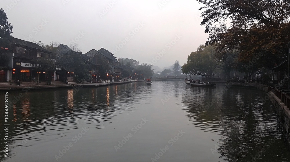 A serene river scene reflects trees and buildings, shrouded in mist, evoking a tranquil atmosphere. A serene river scene reflects trees and buildings, shrouded in mist, evoking a tranquil atmosphere.