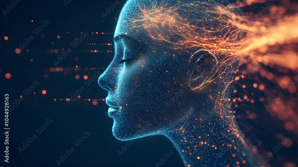 Abstract depiction of a human head with radiant neural pathways, glowing in sync with digital data streams, merging human thought with AI processes Abstract depiction of a human head with radiant neural pathways, glowing in sync with digital data streams, merging human thought with AI processes