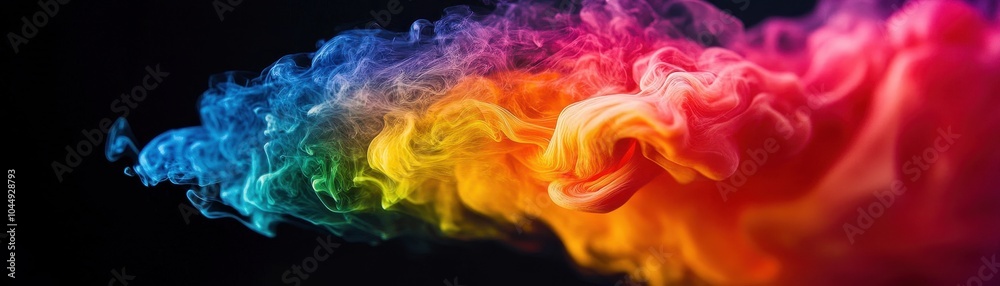 Obraz premium Colorful smoke swirl in vibrant rainbow hues on a dark background, creating a dynamic and artistic visual effect.