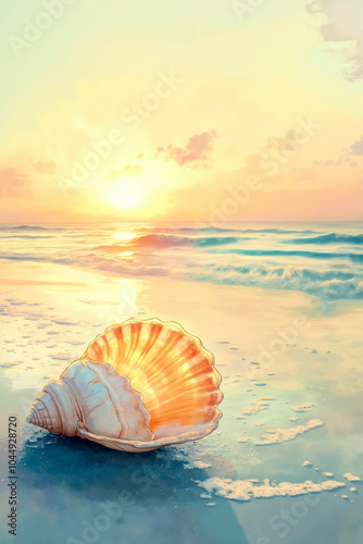 A seashell on the beach with the sun setting in the background photo