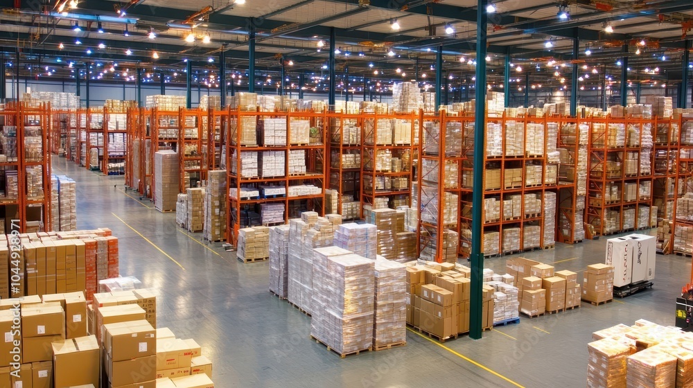 A spacious, organized warehouse displaying numerous stacked boxes on shelves, illuminated by bright overhead lights. A spacious, organized warehouse displaying numerous stacked boxes on shelves, illuminated by bright overhead lights.