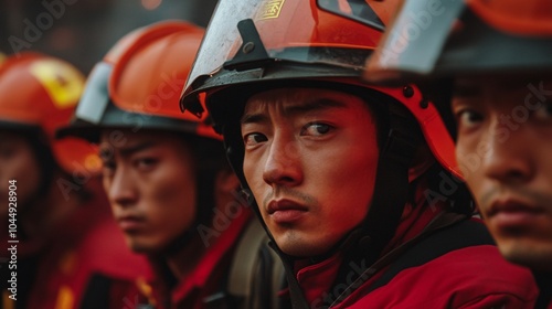 A group of firefighters in helmets, demonstrating determination and readiness, captured in a dramatic, intense atmosphere.