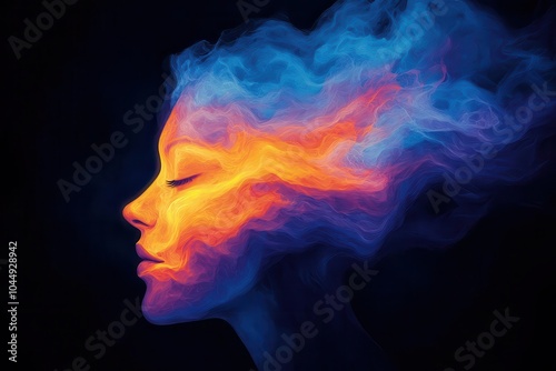 Colorful smoke forming a woman's profile