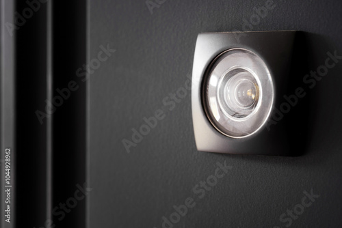 Door peephole on a modern entrance door. Vandal-proof, armored, protected. Copy space. Photo