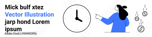 Person pointing at a clock with falling coins around. Placeholder text in blue and black. Ideal for time management, financial planning, business concepts, deadline awareness, productivity tips