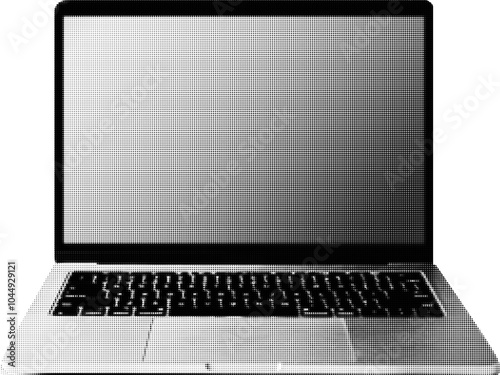 Open laptop collage element transparent background, Halftone notebook bitmap collage element, Grunge y2k photocopy Open laptop blank screen isolated clipping path photo