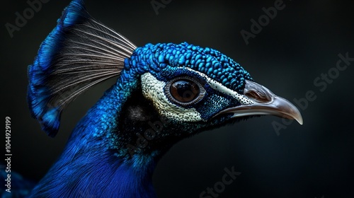 Close-up portrait of a peacock's head with its vibrant blue feathers and a focused eye.