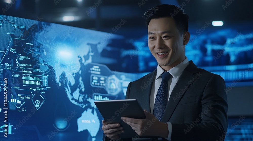 A businessman smiles while holding a tablet, surrounded by a digital display of data and a world map.