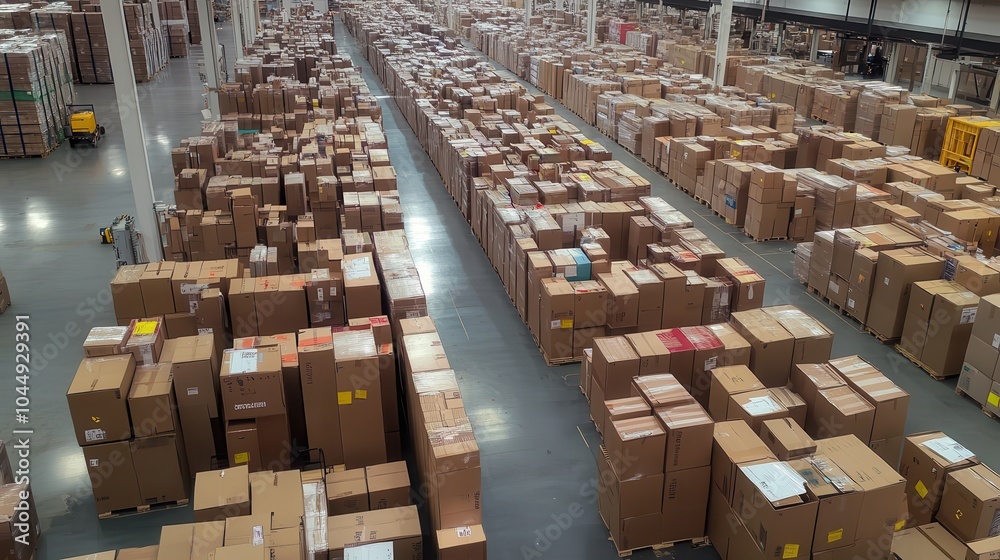 A large warehouse filled with numerous stacked cardboard boxes organized in rows, showcasing a busy logistics environment. A large warehouse filled with numerous stacked cardboard boxes organized in rows, showcasing a busy logistics environment.