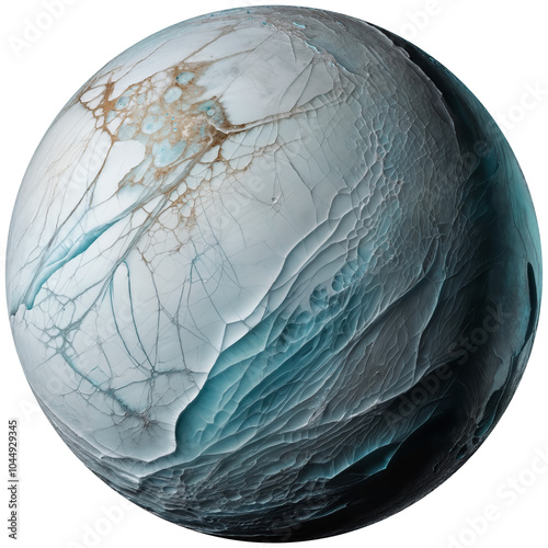 Frozen ice moon with liquid ocean underneath the rough cracked surface, canyons and craters, isolated on transparent background