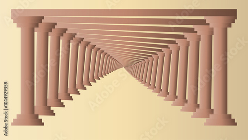 Greek temple, roman architecture, castle corridor with columns and arch entrance. Palace hall with pillars, ancient building design