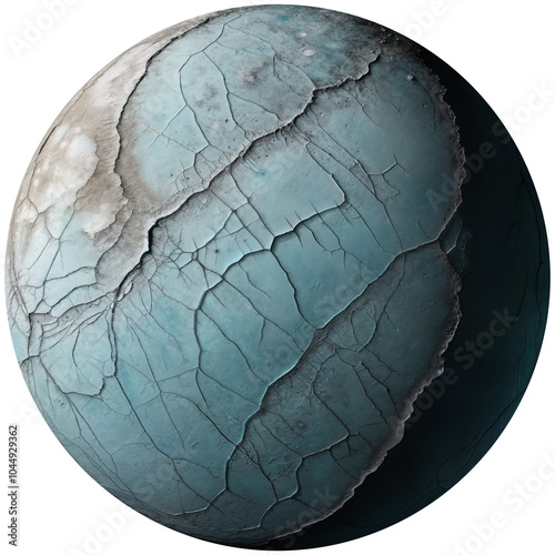 Teal frozen ice moon with rough cracked surface, canyons and craters, isolated on transparent background