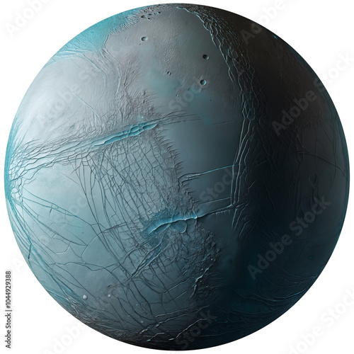 Teal frozen ice moon with cracked surface, canyons and craters, isolated on transparent background