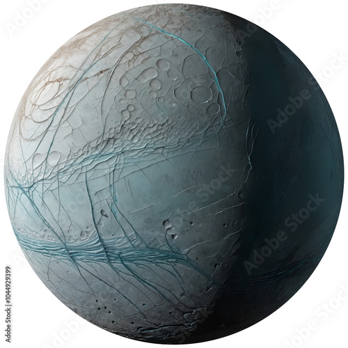 Frozen ice moon with cracked surface, canyons and craters, isolated on transparent background photo