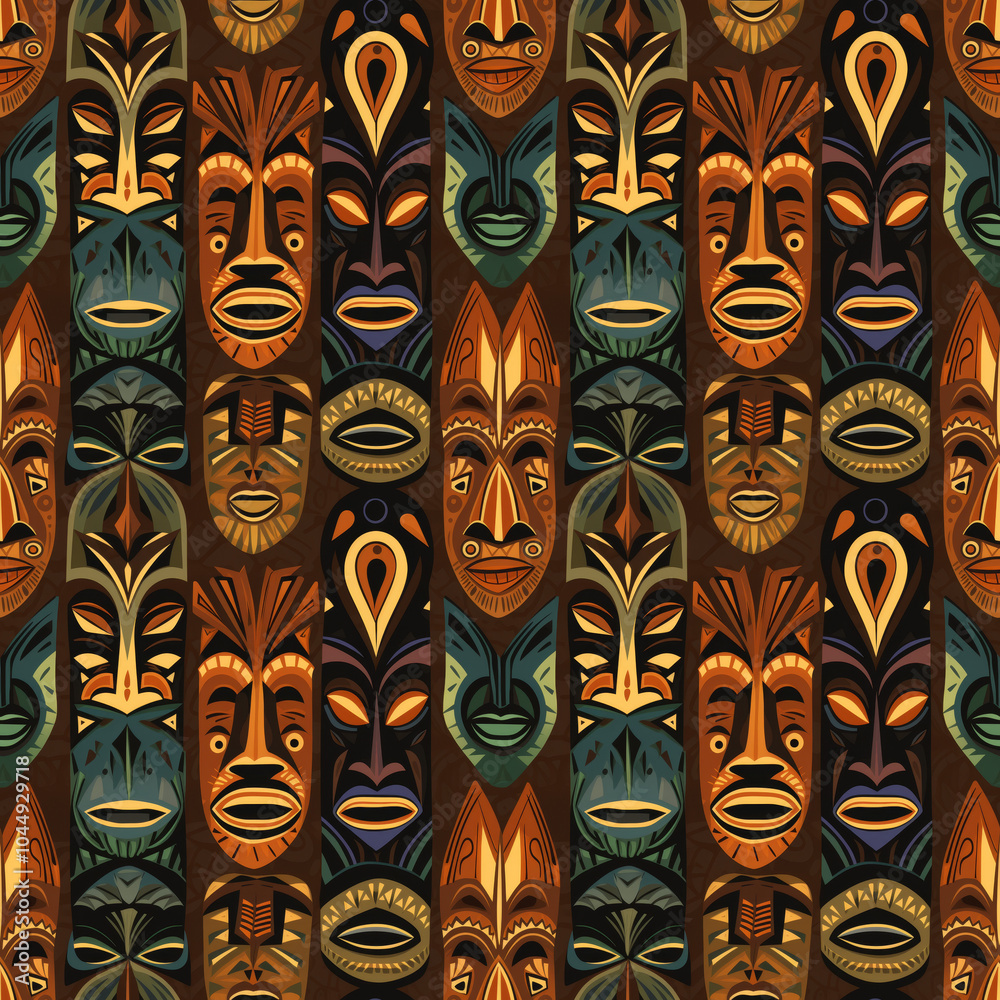 Traditional tribal mask seamless pattern in earthy tones. Pattern for wallpaper, background, print on fabric and paper. Traditional tribal mask seamless pattern in earthy tones. Pattern for wallpaper, background, print on fabric and paper.