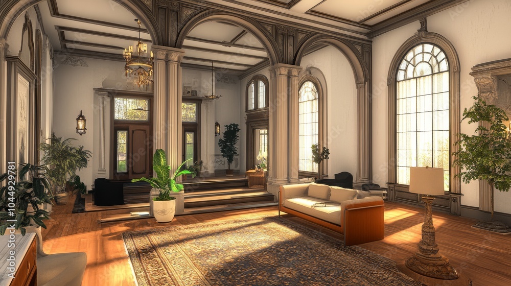A grand living room in a historic mansion, with high ceilings, arched doorways, and elegant columns. The walls are white and adorned with beautiful decorative details. A grand living room in a historic mansion, with high ceilings, arched doorways, and elegant columns. The walls are white and adorned with beautiful decorative details.