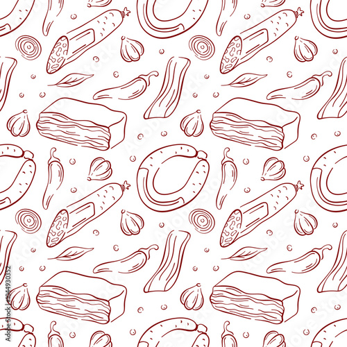 Seamless pattern of meat product, including sausage, bacon and salami line art style. Perfect for food branding, butcher shop design and culinary packaging.
