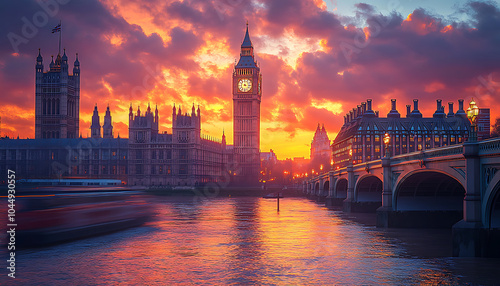 A stunning view of Big Ben and Houses of Parliament at sunset, showcasing vibrant colors in sky and reflections on water. scene evokes sense of tranquility and awe