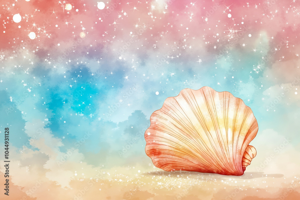 A seashell on a beach with a pink and blue sky in the background A seashell on a beach with a pink and blue sky in the background