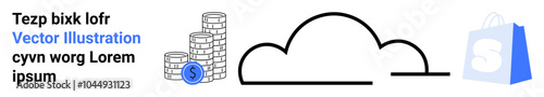 Illustration of stacked coins, a cloud computing icon, and a shopping bag. Ideal for finance, cloud computing, e-commerce, online transactions, digital marketing. Landing page