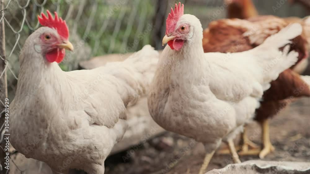 Chickens foraging in a sunny farmyard surrounded by wooden logs during a warm afternoon in rural countryside Chickens foraging in a sunny farmyard surrounded by wooden logs during a warm afternoon in rural countryside