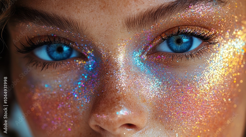 Close-Up of a Woman's Eye with Glitter Makeup Close-Up of a Woman's Eye with Glitter Makeup