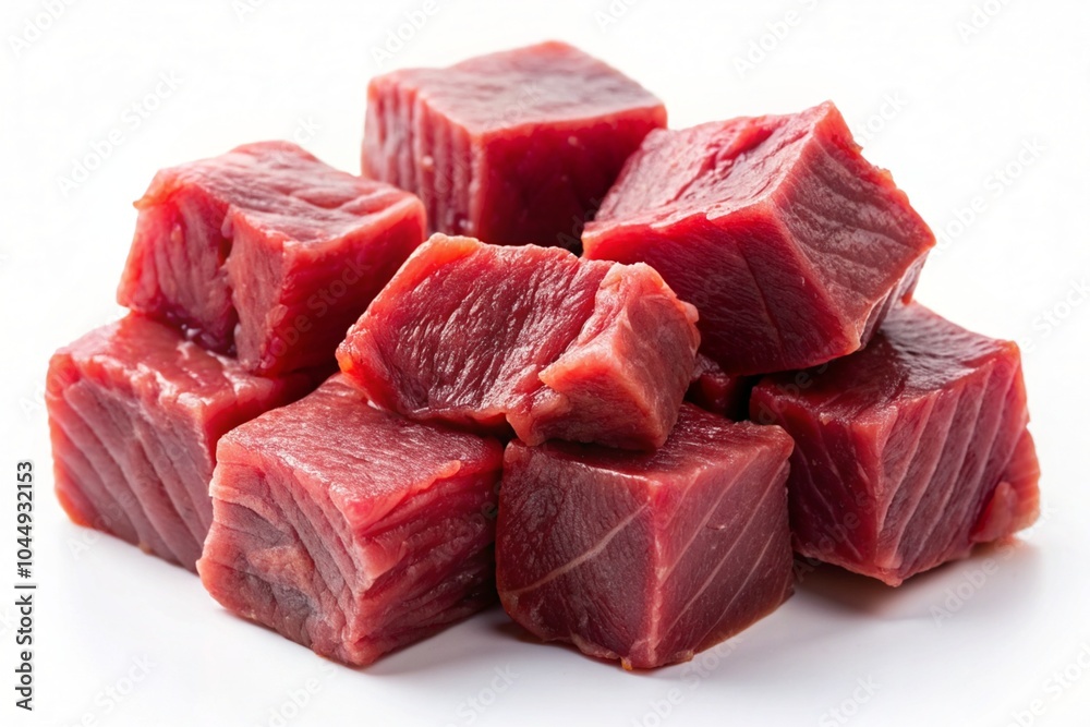 A pile of meat is cut into small cubes A pile of meat is cut into small cubes