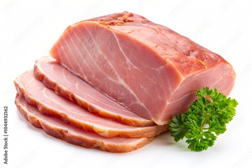A piece of ham is sliced and displayed on a white background A piece of ham is sliced and displayed on a white background