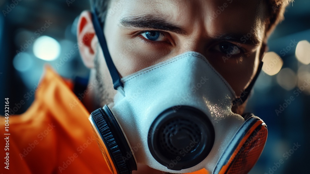 Close-up portrait of a man wearing a respirator mask. Close-up portrait of a man wearing a respirator mask.