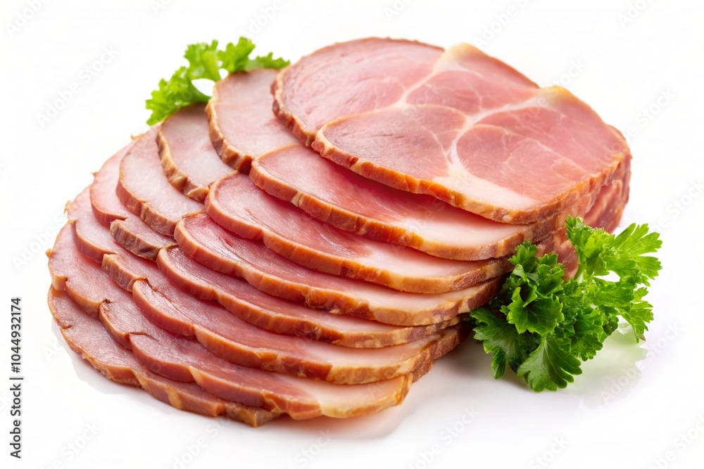 A piece of ham is sliced and displayed on a white background A piece of ham is sliced and displayed on a white background