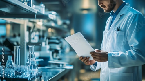 Scientist Reading Lab Report in a Modern Laboratory