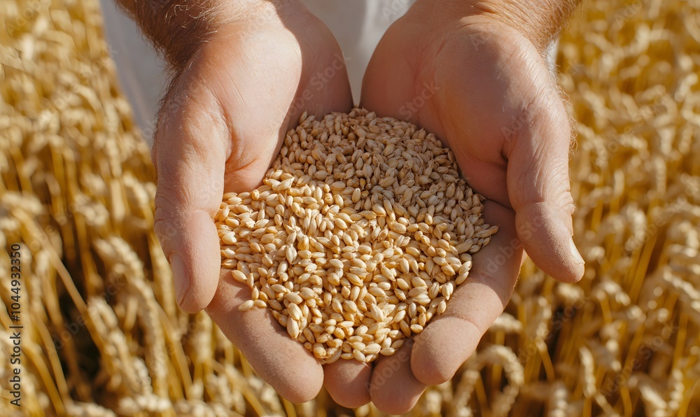 farmer's hands holding wheat grains , Generative AI farmer's hands holding wheat grains , Generative AI