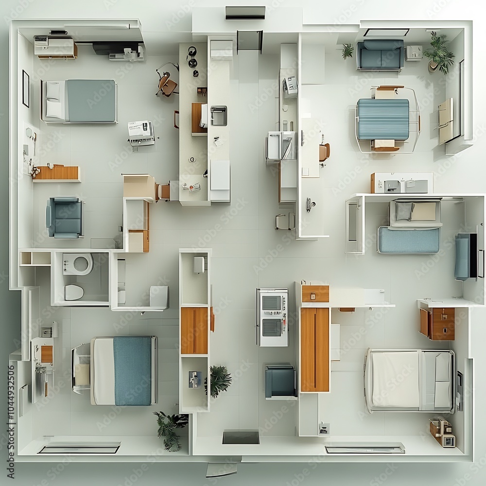 Topdown view 3D render of hospital floor plan highlighting radiology laboratory services and surgical suites presented on a clean white background with focus on structure and design