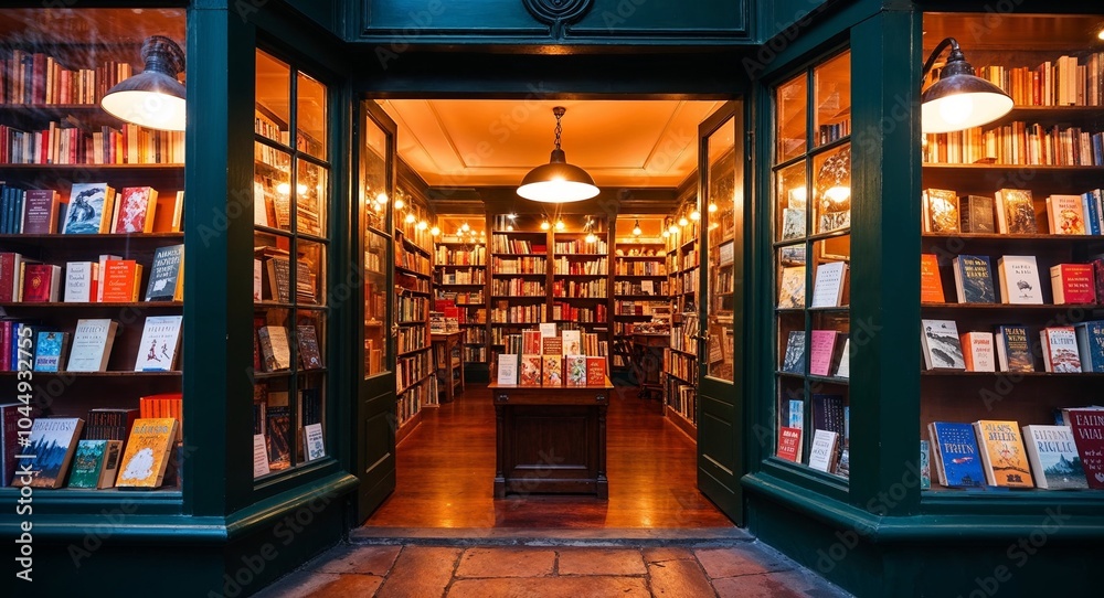 Charming bookstore with warm lights glowing inside background inviting shop radiating warmth from its windows enticing late night readers Charming bookstore with warm lights glowing inside background inviting shop radiating warmth from its windows enticing late night readers