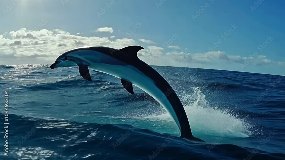 Dolphin leaping out of ocean water against clear sky. Marine life concept Dolphin leaping out of ocean water against clear sky. Marine life concept