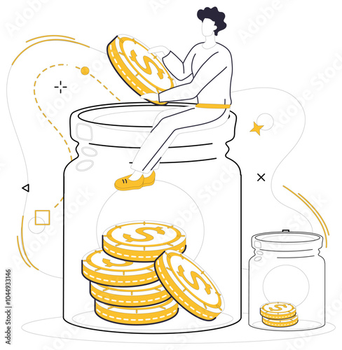 Savings account. A person sits on a large jar filled with coins, adding more to it, depicting the concept of growing savings. Ideal for promoting financial growth, planning, budgeting, investment