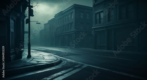 Darkened street corner with an eerie silence background ominous intersection shrouded in darkness evoking a sense of mystery and anticipation