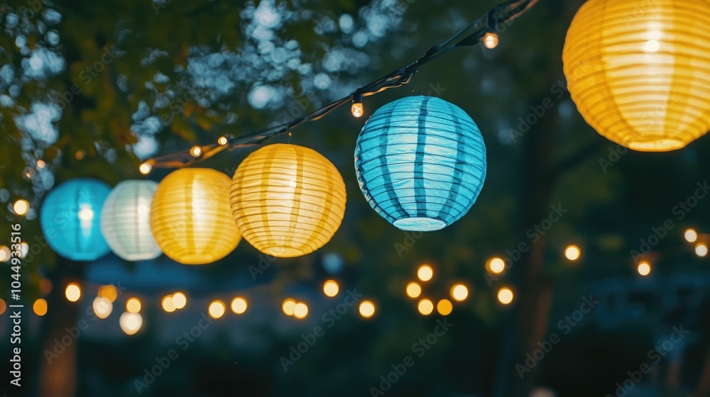 Obraz premium Colorful Lanterns Illuminating a Garden Scene at Night