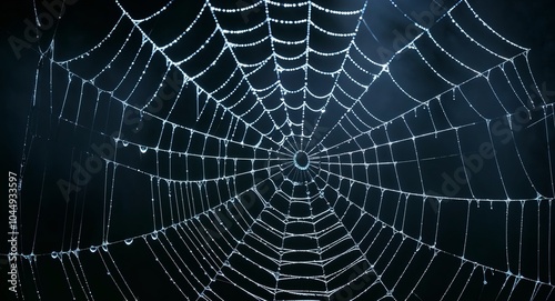 Eerie spider webs glistening in the dark background delicate webs adorned with dew shimmering ominously in low light