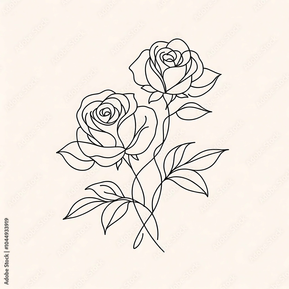 Minimalist line art of two roses with leaves, elegant floral illustration

