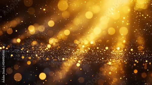 Close-up of scattered golden light particles in a dark space, sparkling with depth and mysterious allure