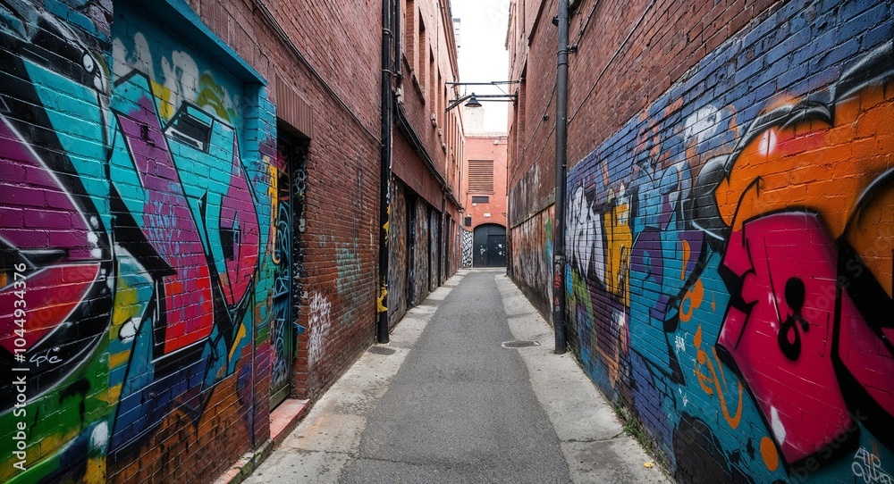 Fototapeta premium Graffiti covered walls along a narrow alley background colorful street art decorating brick surfaces adding character to an overlooked passage