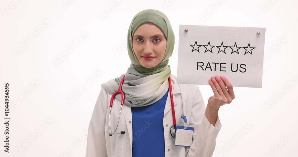 Woman doctor in hijab shows sign Rate Us on white background. Muslim female offers to leave feedback after treatment procedures in clinic Woman doctor in hijab shows sign Rate Us on white background. Muslim female offers to leave feedback after treatment procedures in clinic