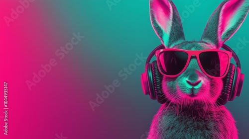 Cool neon party dj rabbit in headphones and sunglasses