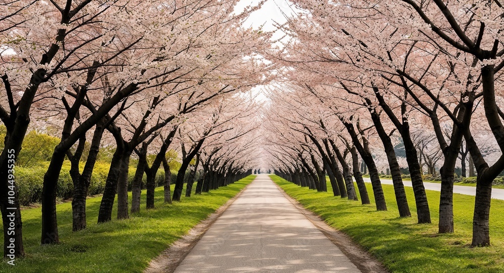 Pathway lined with flowering cherry trees background picturesque scene featuring branches adorned with delicate blooms creating a tunnel of flowers Pathway lined with flowering cherry trees background picturesque scene featuring branches adorned with delicate blooms creating a tunnel of flowers