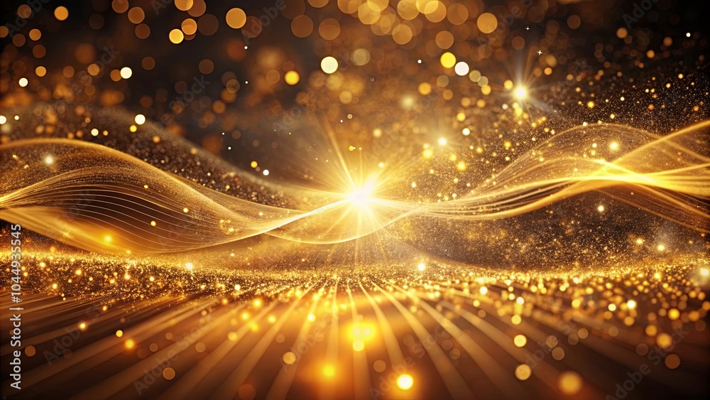 A shimmering golden wave of light illuminates a black background, creating a mesmerizing display of sparkling particles and vibrant bokeh effects. A shimmering golden wave of light illuminates a black background, creating a mesmerizing display of sparkling particles and vibrant bokeh effects.