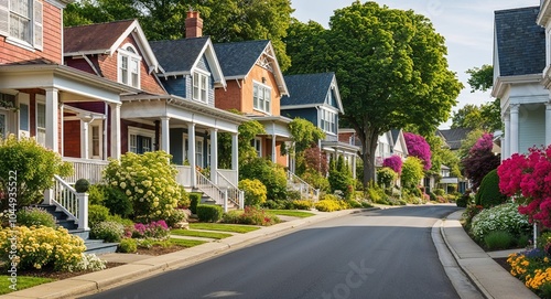 Quiet residential street with charming homes and gardens background picturesque neighborhood filled with unique houses blooming flowers and friendly atmosphere